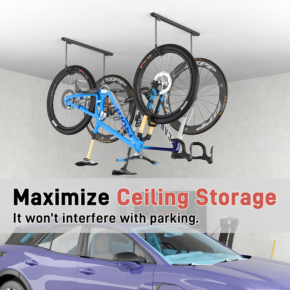 Space-Saving Ceiling Bike Rack for 2 Bikes Horizontally or 4 Vertically