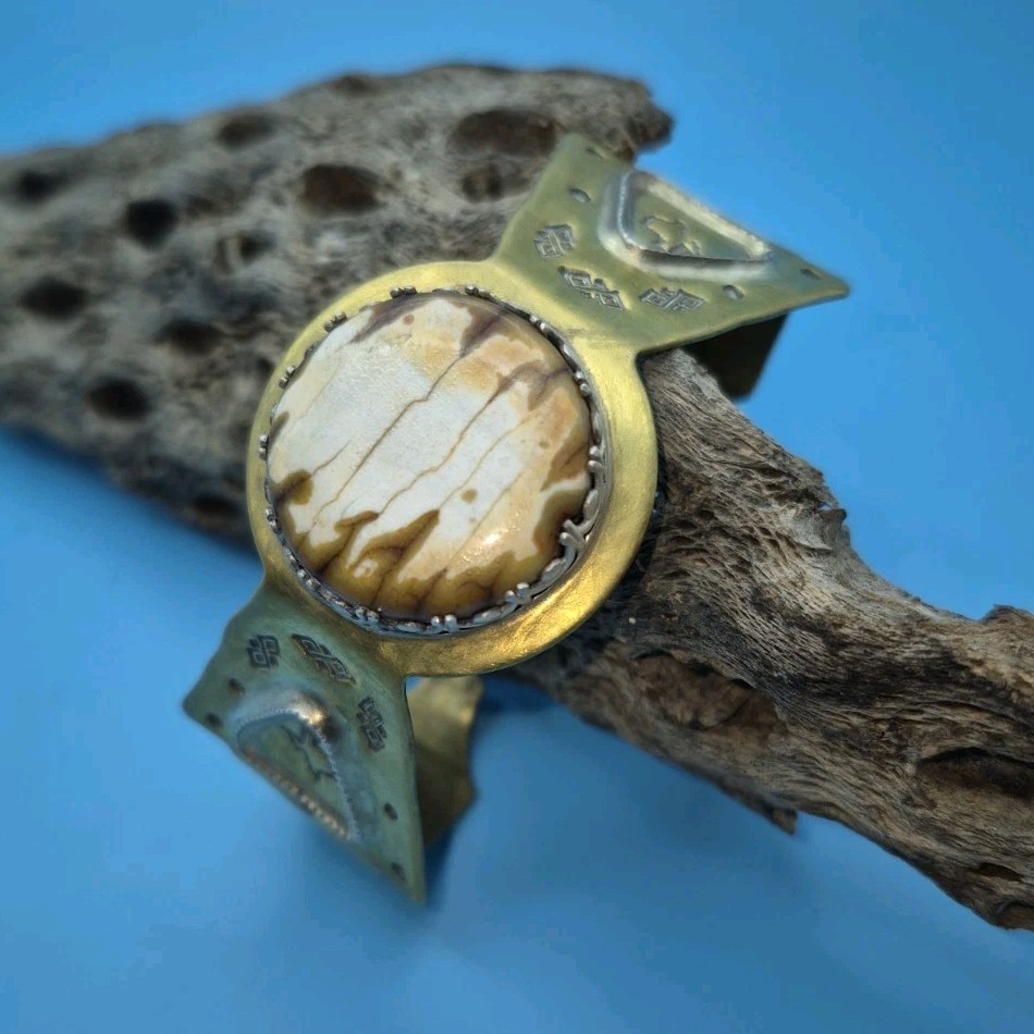 Handcrafted Brass Cuff Bracelet with Oval Natural Jasper Bezel Setting