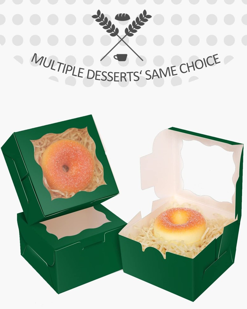Deep Green Bakery Boxes with Window 55pcs 4x4x2.5" Mini Cookie Macaron Boxes