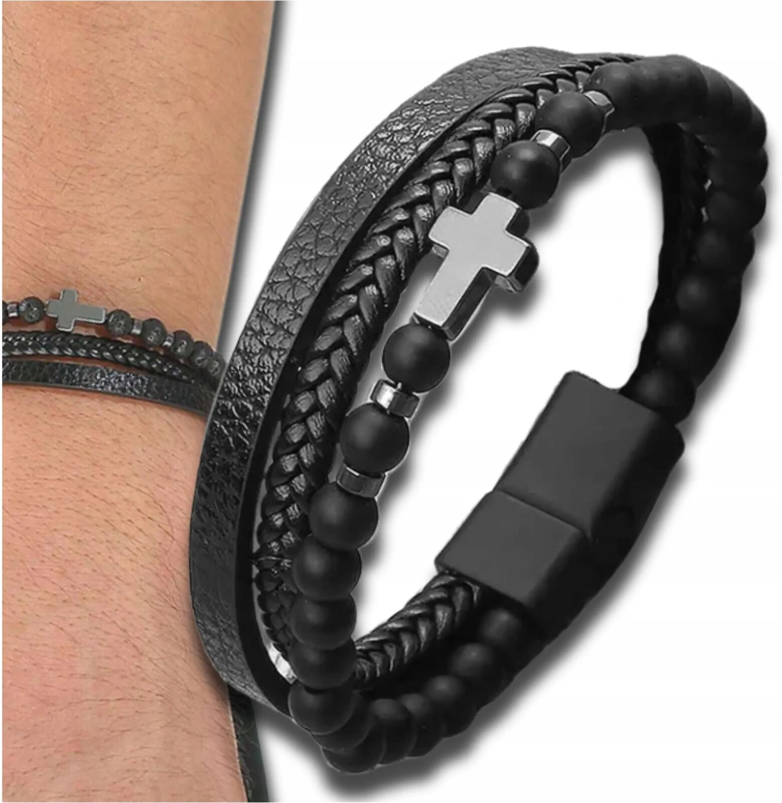 Men Braided Leather Bracelet Stainless Steel Christian Bangle