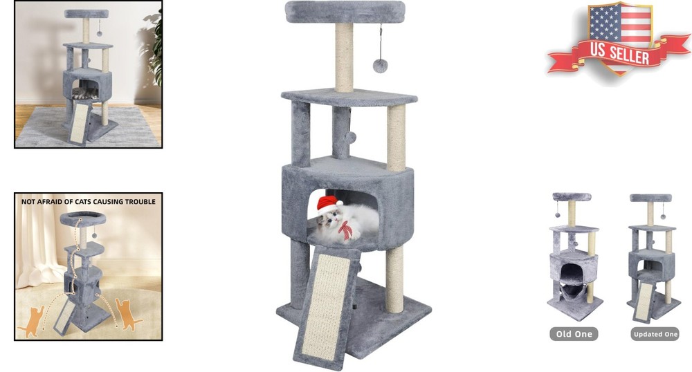 Durable Grey 45in Cat Tree with Large Condo & Easy Assembly for Indoor Use