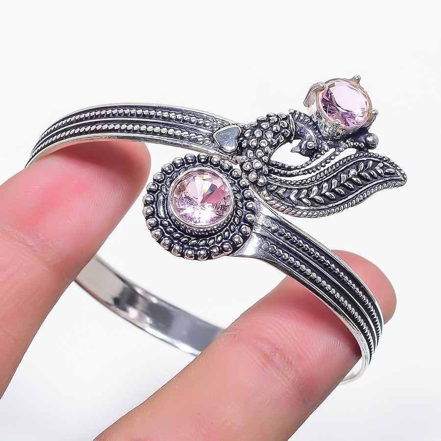 Pink Kunzite Gemstone Handmade 925 Sterling Silver Adjustable Cuff Bracelet