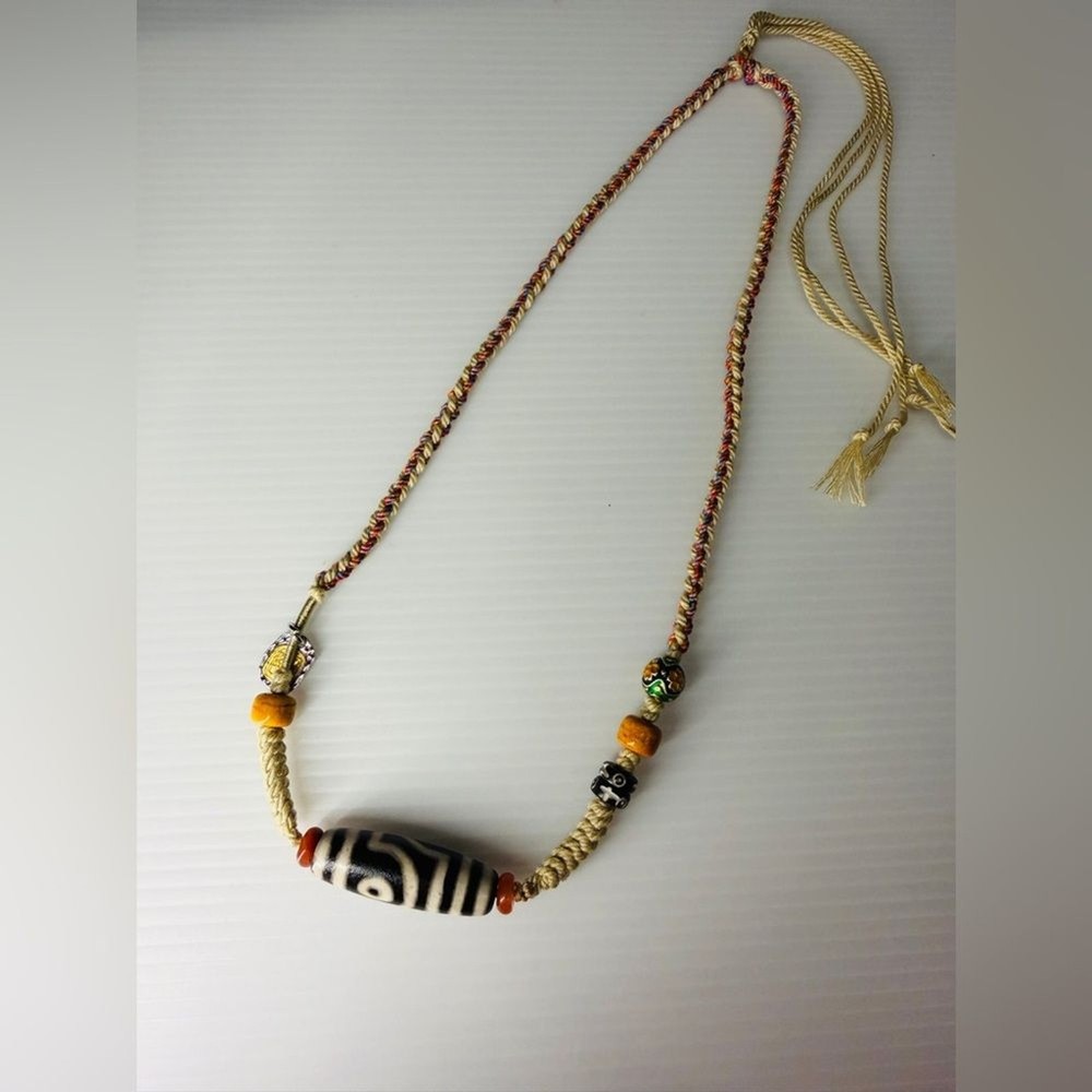 Handcrafted Dzi three Eye Bead boho Necklace | Tibetan Statement certified