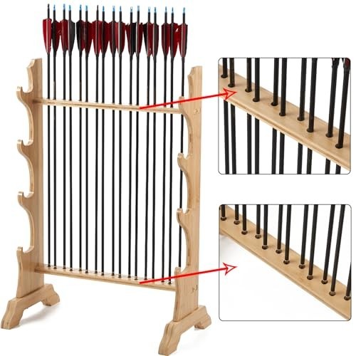 Bamboo Bow Stand & 12 Arrow Holder Wall Mount - Archery Rack Display Storage