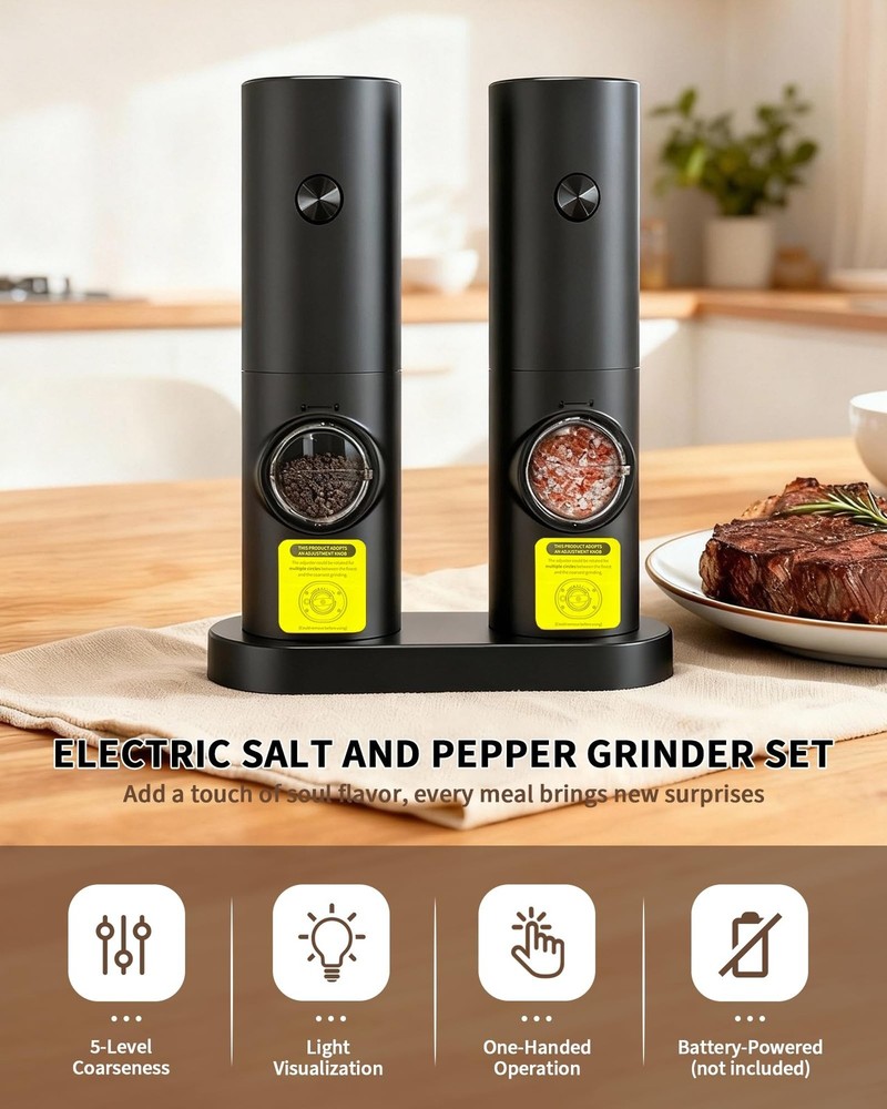 Electric Salt and Pepper Grinder Set, Upgraded Automatic Battery Pepper Mill ...
