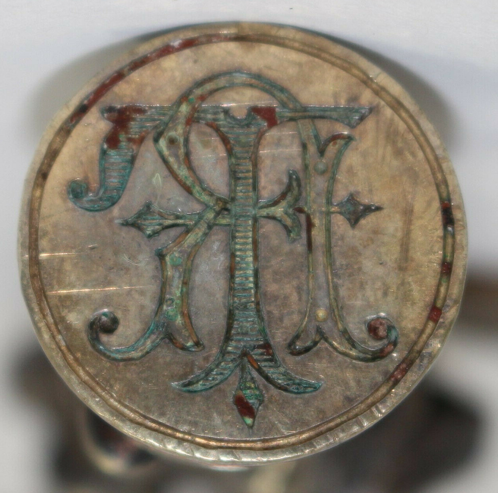 Antique Silverplated Bronze figural Stamp seal RF Monogram
