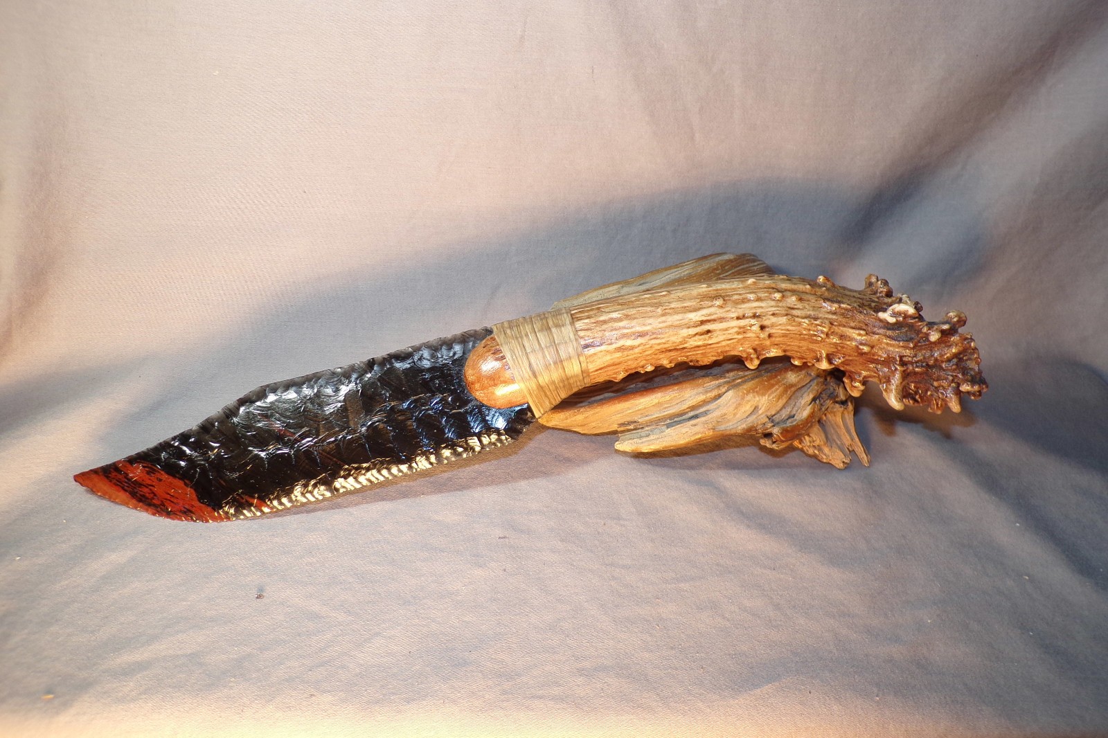 Triple Flow Obsidian Bowie Knife Flint Knapping Black Powder Deer Antler Handle