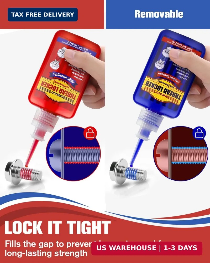 Thread Lock Blue and Red, Threadlocker Medium and Strong Strength, Thread Locker
