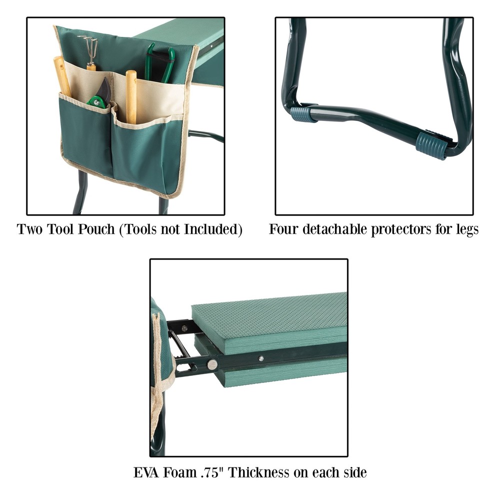 Foldable Garden Kneeler & Stool W/ Tool Pouches Green