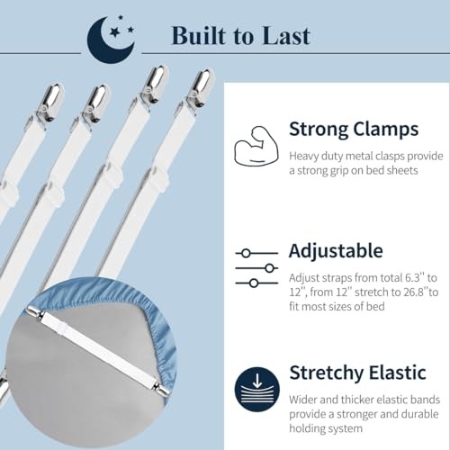 Bed Sheet Straps, Adjustable Elastic Fitted Sheet Corner White 4pcs 4pcs-white
