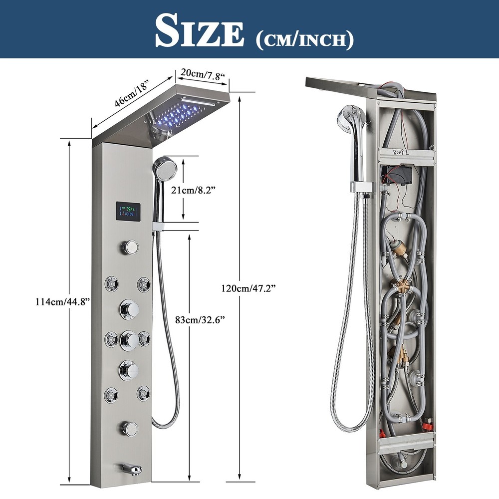 Rain Shower Panel Tower System Stainless Steel 6-Function Faucet LED Shower Head