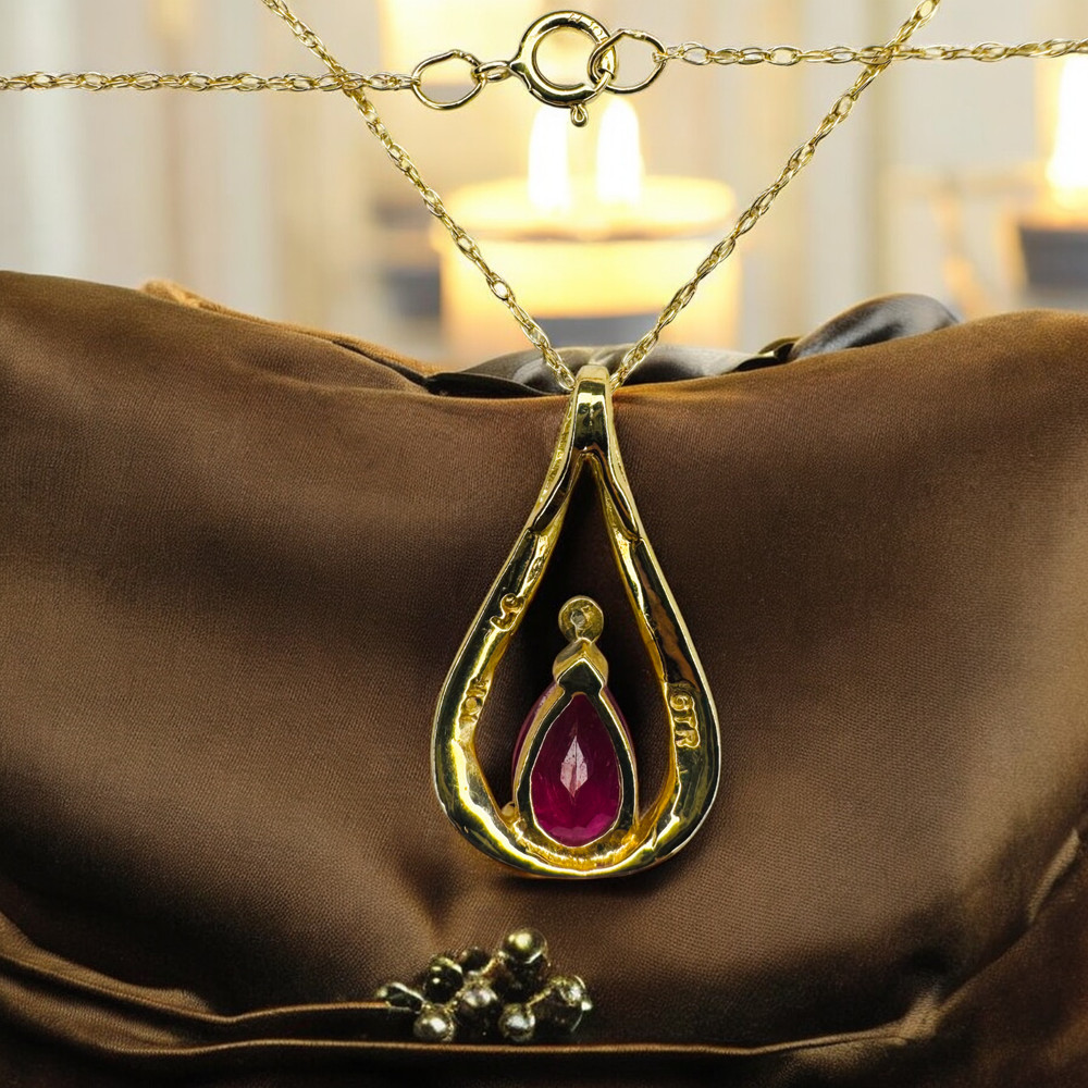 10K Gold Ruby & Diamond Necklace -18" Pear Cut Ruby Teardrop Pendant -1.6g