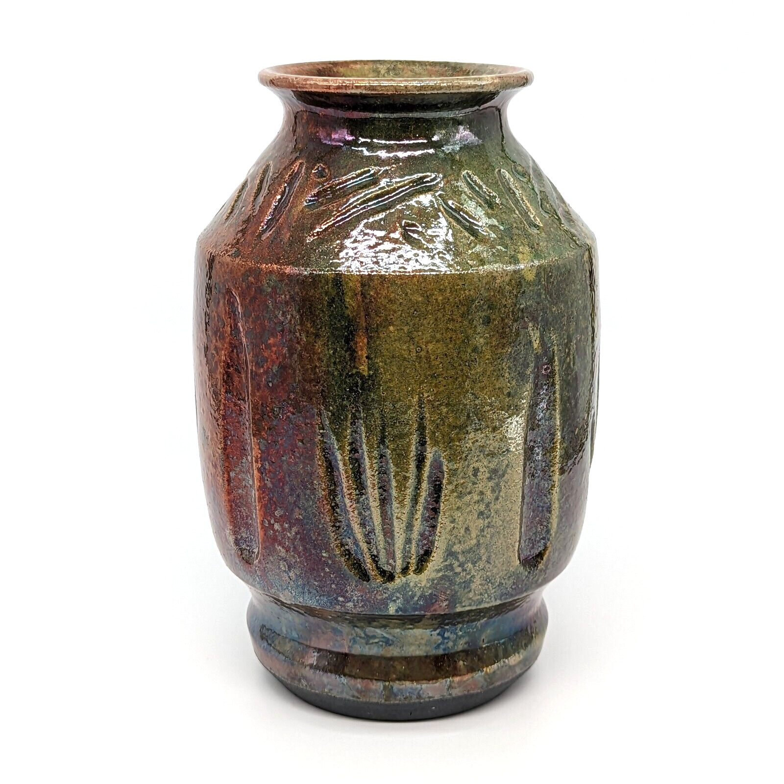 Iridescent Metallic Raku Vase Textured Nature Green Red Glaze Studio Art Pottery