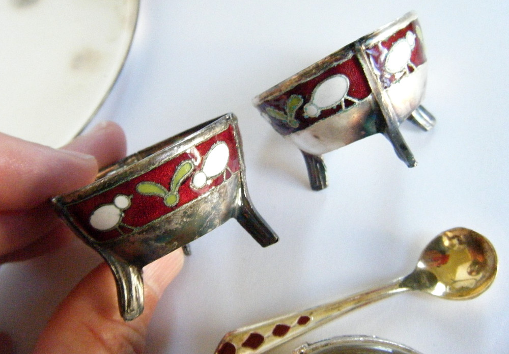 Hommet Vintage 70s NEW Russian Silver Plate Cloisonné Enamel Egg Holder Salt Set
