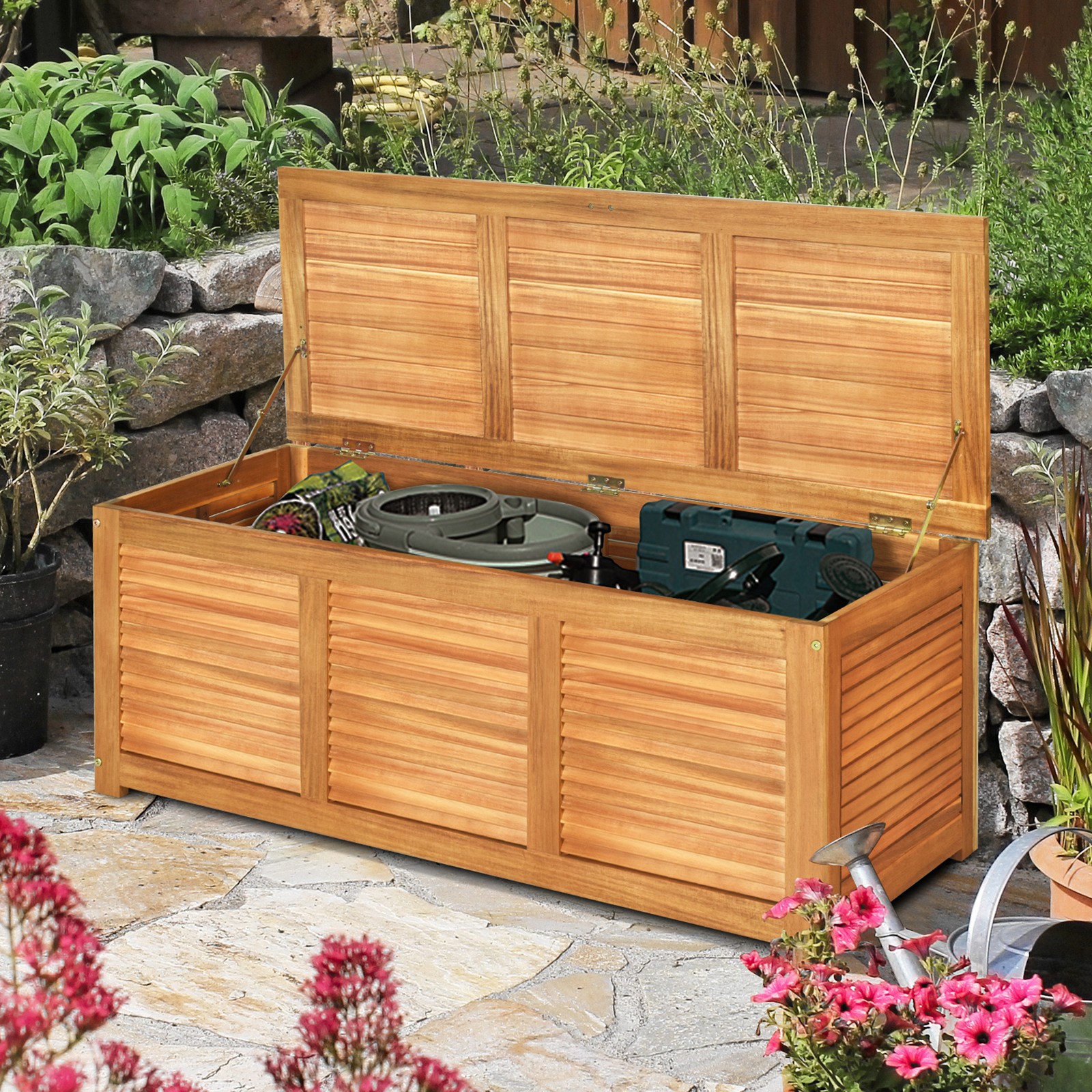 Acacia Wood Deck Box 47 Gallon Garden Backyard Storage Bench Container