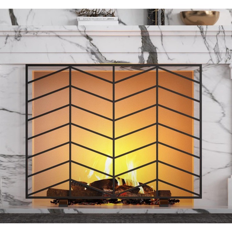 Single Panel Handcrafted Wrought Iron Mesh Chevron Fireplace Screen Fire Spark