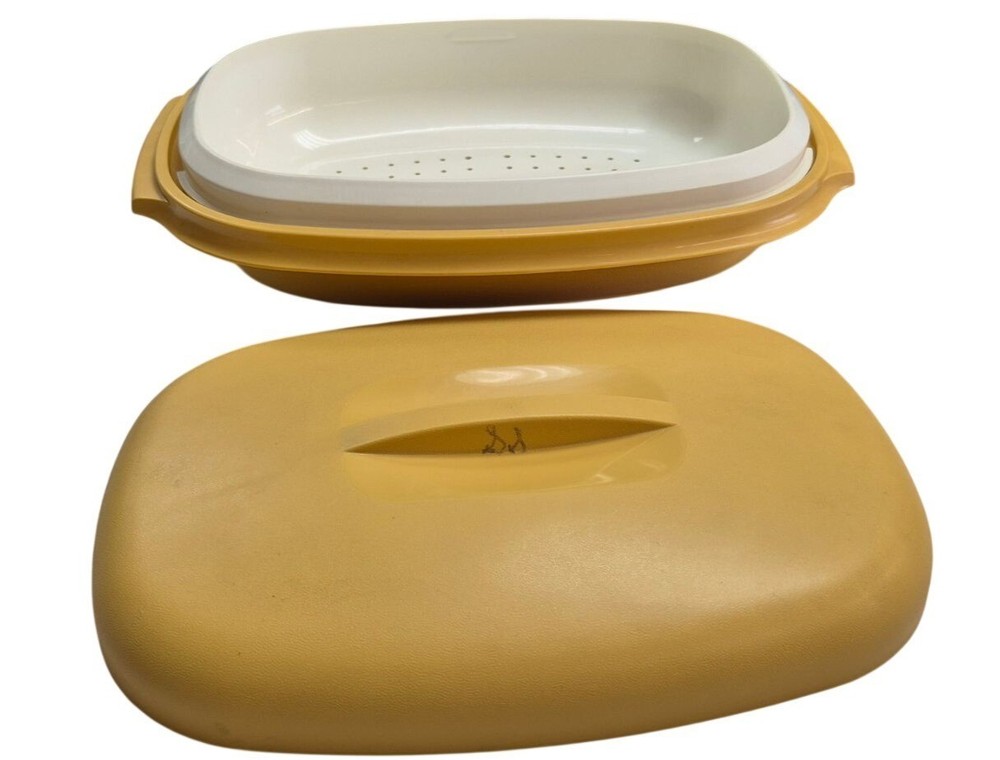 Tupperware Oval Microwave Steamer Cooker Yellow With Lid & Insert 1275-1