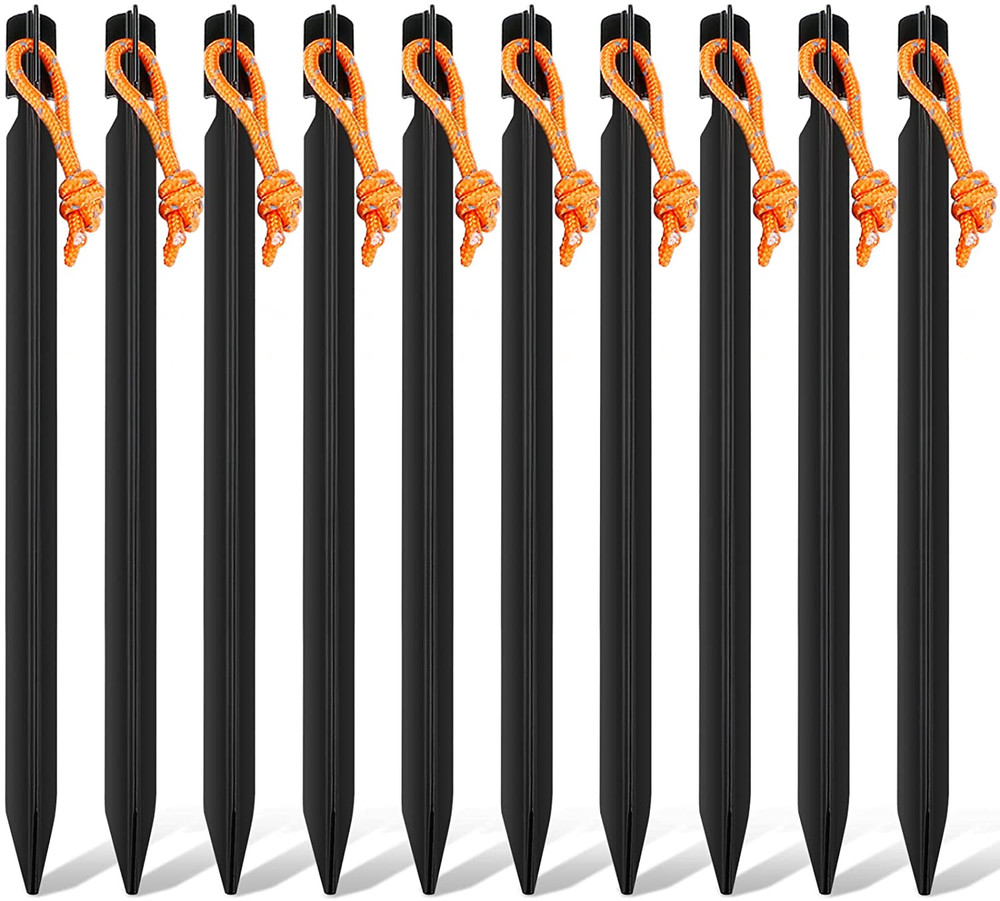 10 Pack Heavy Duty Aluminum Tent Stakes with Reflective Pull Ropes, Triangular G