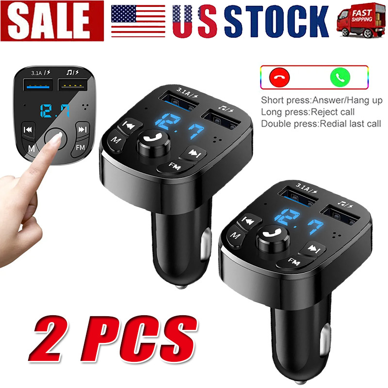 2PCS Bluetooth 5.0 Car Wireless FM Transmitter Adapter 2USB PD Charger AUX Hands