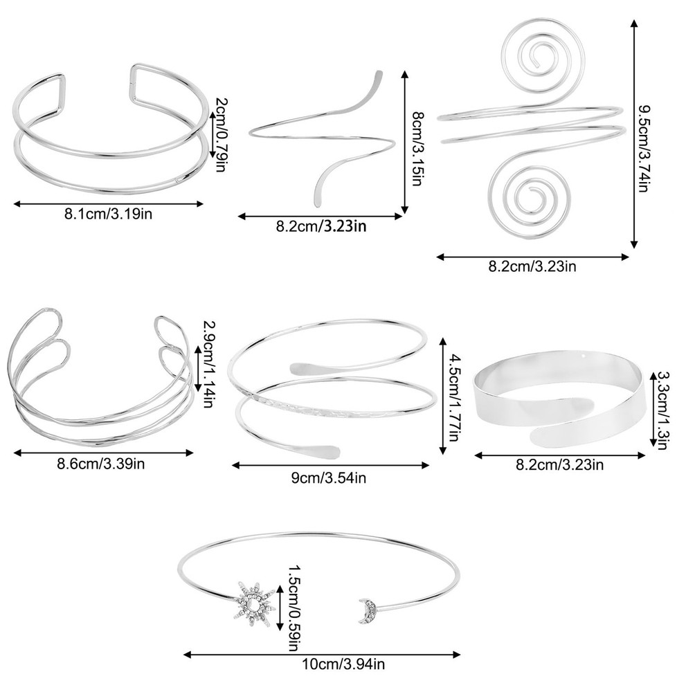 Mikovivi 7pcs Upper Arm Cuff Bracelet, Silver Adjustable Medium, silver