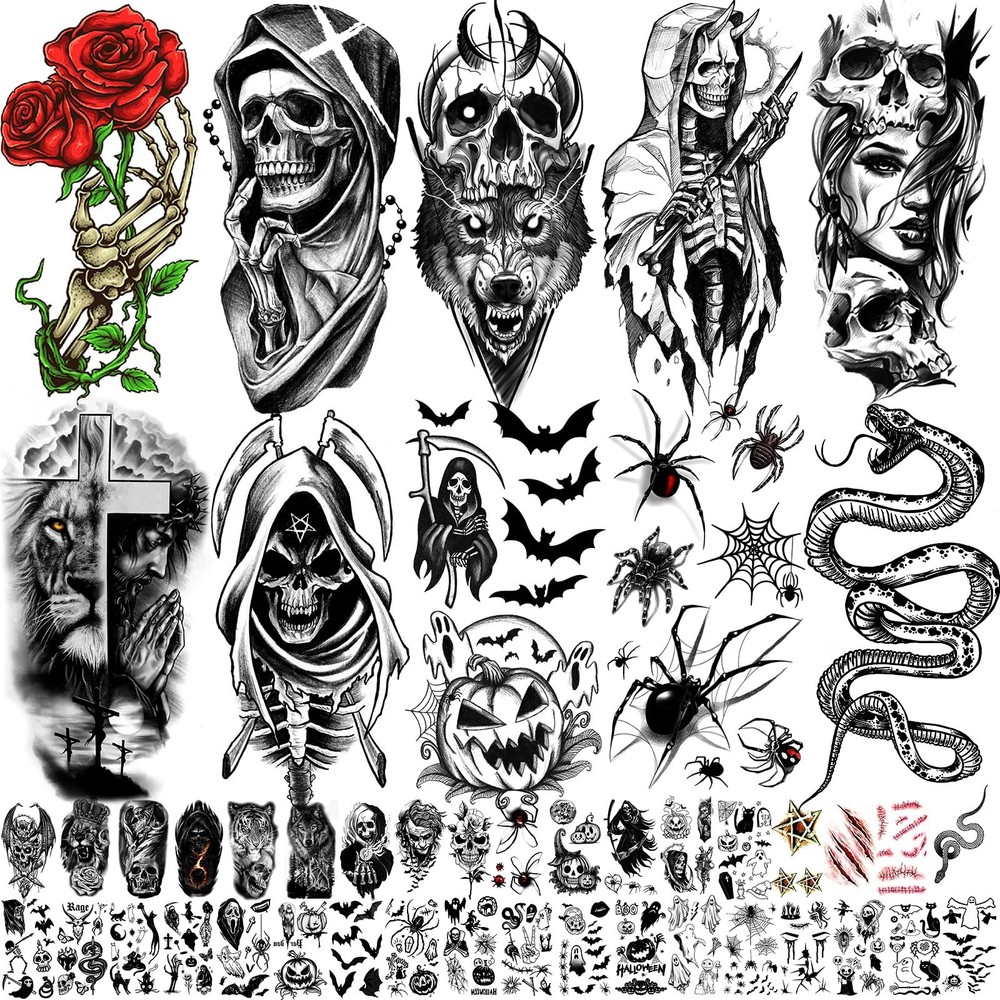52 Sheets Black Halloween Temporary Tattoos for Large, Tiny, Black(52 Sheets)