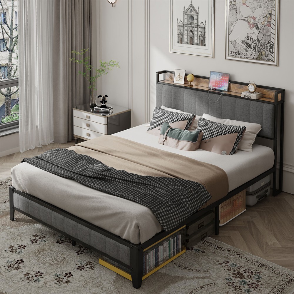 Full Size Bed Frame with Upholstered Headboard Metal Platform Bed with Outlets
