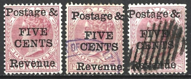 CEYLON QV 1885 5c ON 4c ROSE MINT / USED