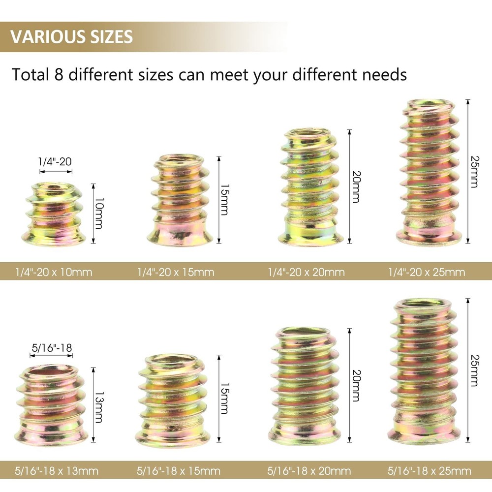 152 Pieces 1/4"-20, 5/16"-18 Threaded Inserts, Nut Inserts, Wood Inserts, Ste...