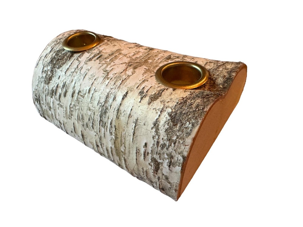Half Birch Log 2-Pillar Winter Candleholder w/Brass Holder Inserts, EUC