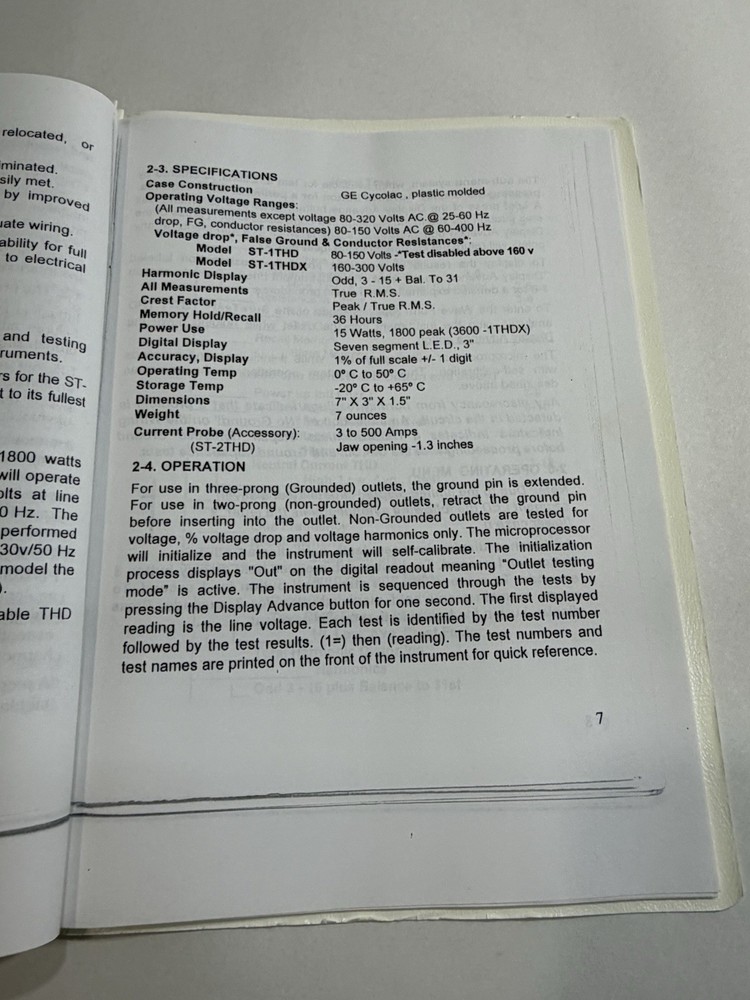SureTest ST-1THD Digital Wiring / Harmonic Analyzer User Guide Manual Booklet