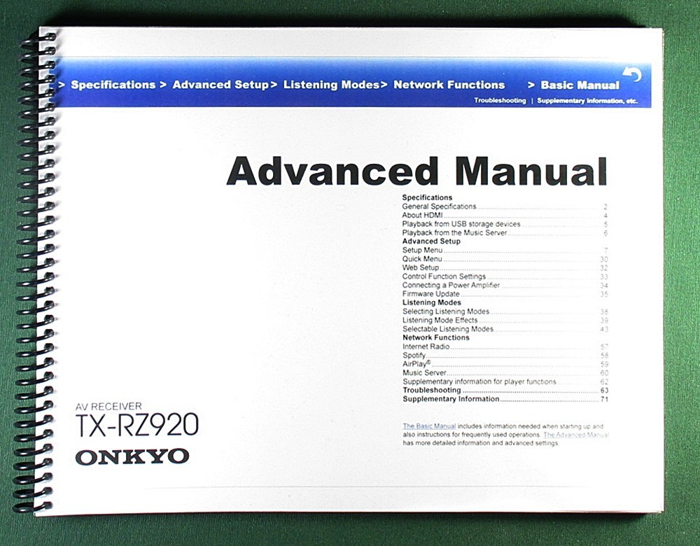 Onkyo TX-RZ920 Basic & Advanced Instruction Manual: Full Color & Clear Covers!