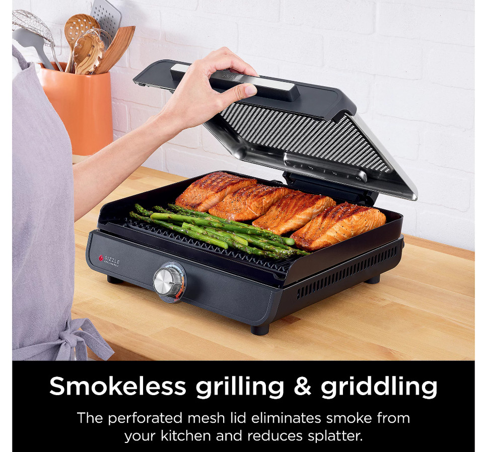 Ninja GR101 Sizzle Smokeless Indoor Grill & Griddle, 14'' Interchangeable Plates