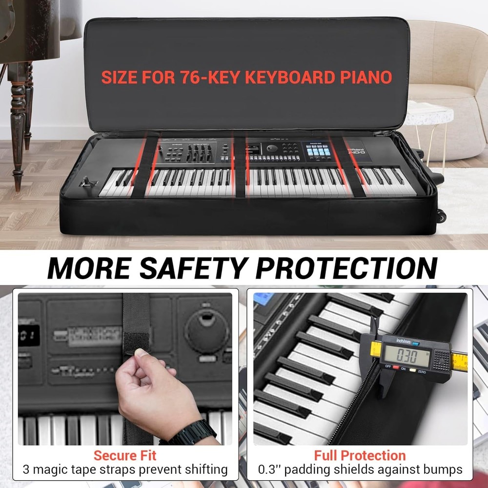 73/76 Key Keyboard Case with Wheels & Adjustable Shoulder Straps– Padded Roll...