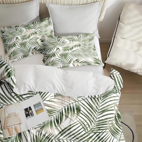 Tropical Palm Tree Comforter Set with 2 Pillowcases, Full Size Botanical Bedding