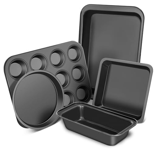 Baking Pans Set, 5-Piece Nonstick Bakeware Sets with Round/Square Cake Black