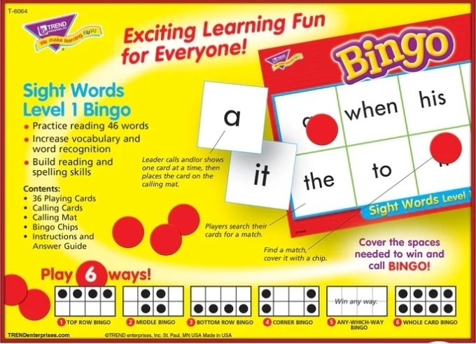 Trend Bingo Sight Words Level 1 Game