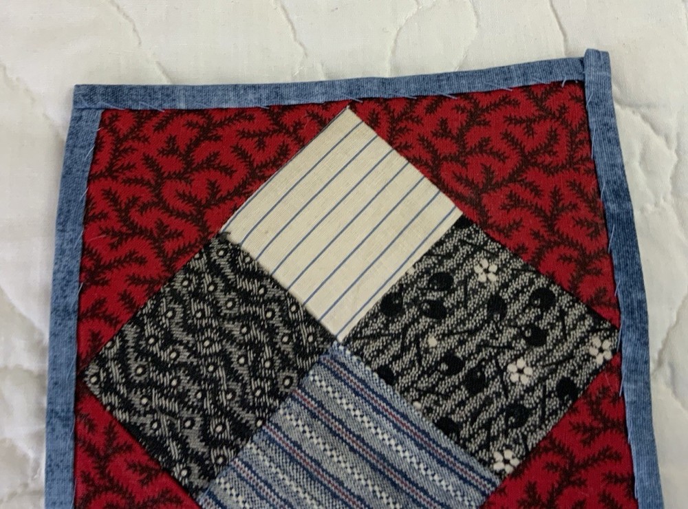 Antique Vintage Table Topper, Patchwork Quilt Top, Four Patch, Red, Blue, Mini