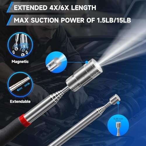 5Pcs Telescoping Magnetic Pickup Tool Set, LED Flashlight, Inspection Mirror, Gi