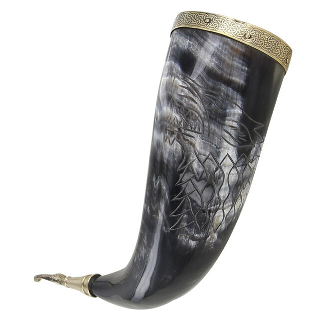 Medieval Fenrir Viking Handmade Warrior Drinking Horn & Metal Stand Set