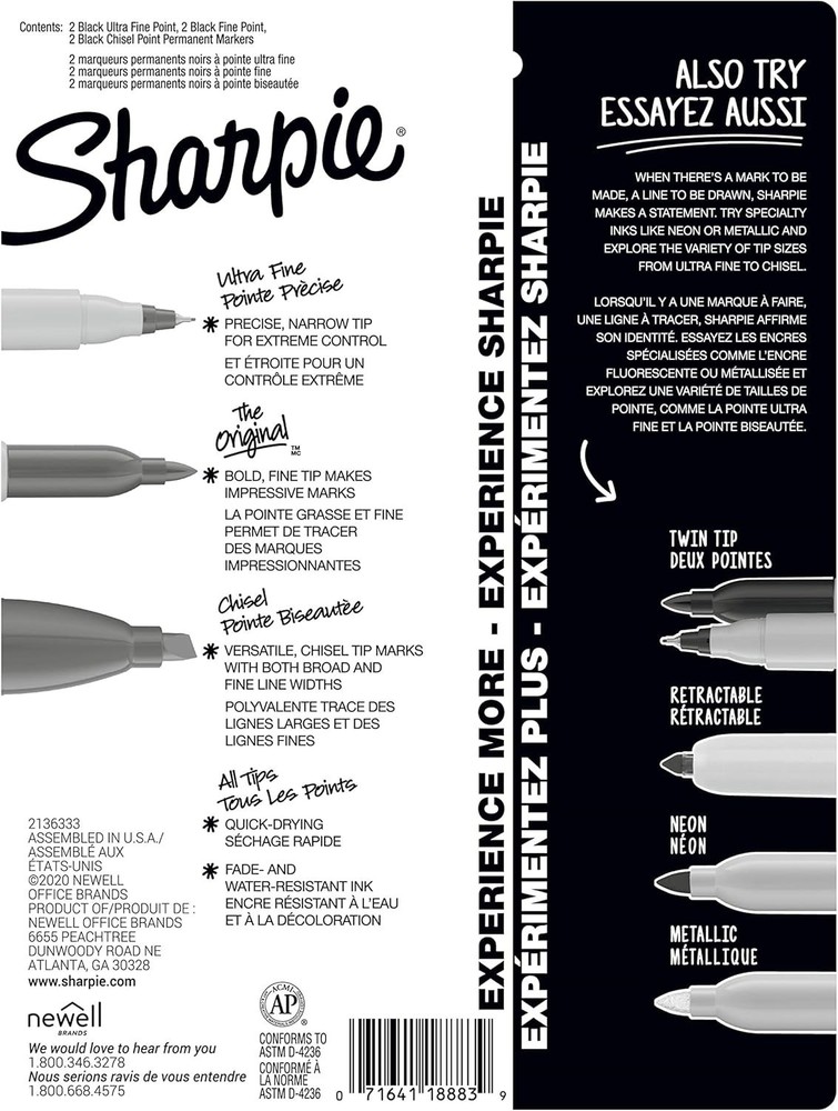 Water Resistant Black Permanent Marker Set - 6 Pieces with Multiple Tip Styles