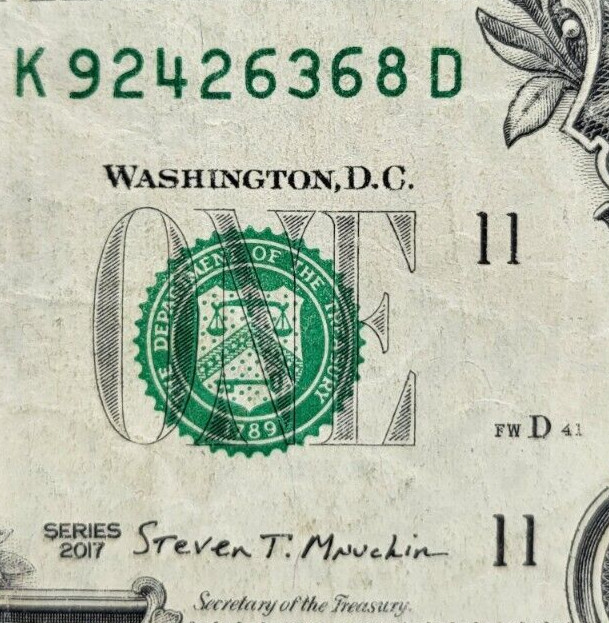 Over inked $1 Dollar Error Right Side Serial Number K92426368D
