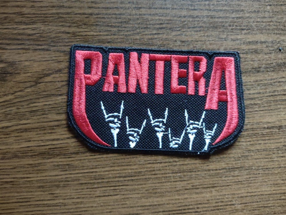PANTERA + LOGO,IRON ON RED WITH WHITE EMBROIDERED PATCH