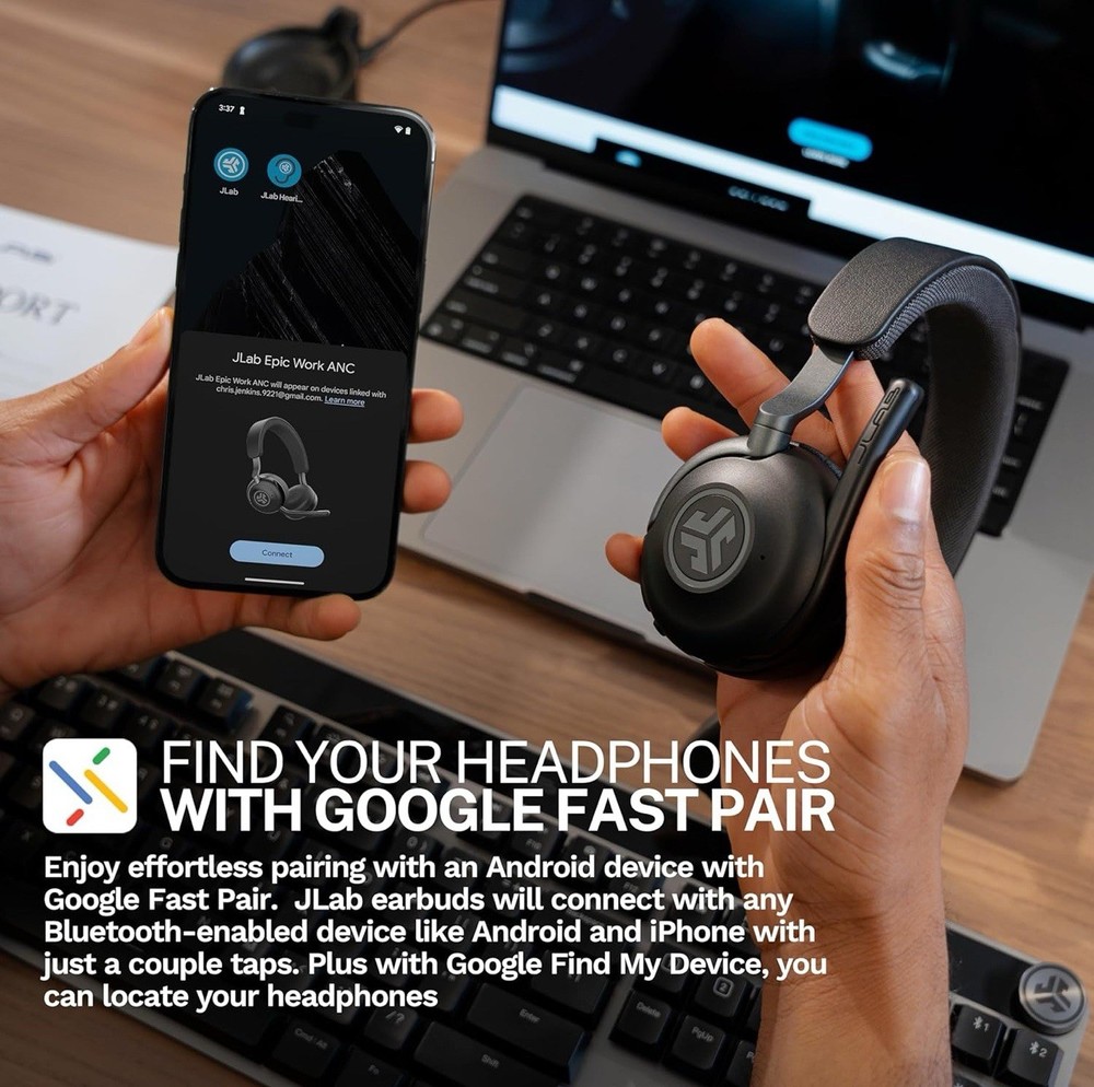 JLab Epic Work Wireless Headset with Microphone, Smart Active Noise Cancellation