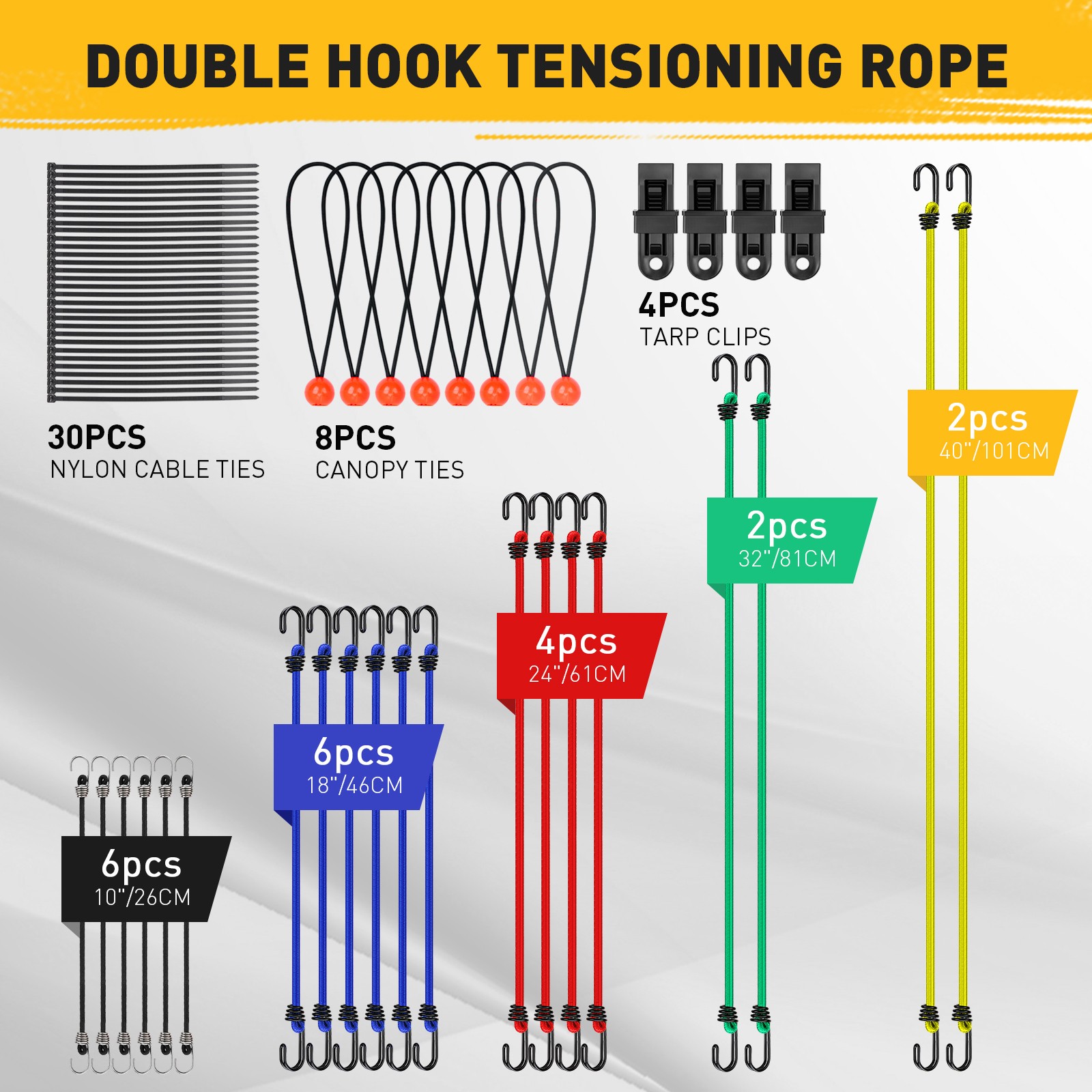 33PC Bungee Cords Set 10" 18" 24" 32" 40" Cable Ties Canopy Tarp Cargo Securing