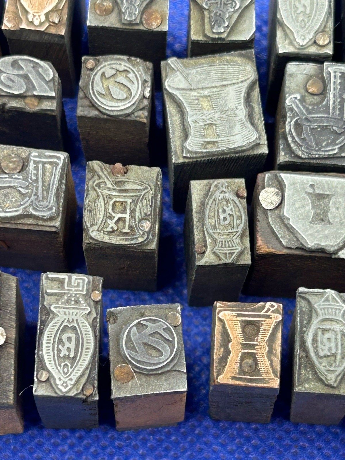 Antique Figural Pharmacy Stamping Dies Pharmacist Log Stamps - LOT OF 30