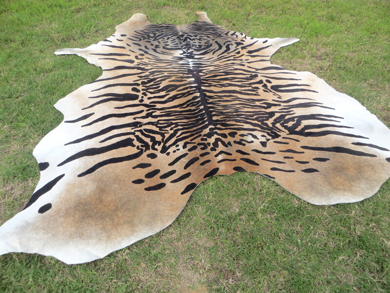 HUGE ! TIGER BENGAL print printed Cowhide Rug natural Cow Hide Skin beige zebra