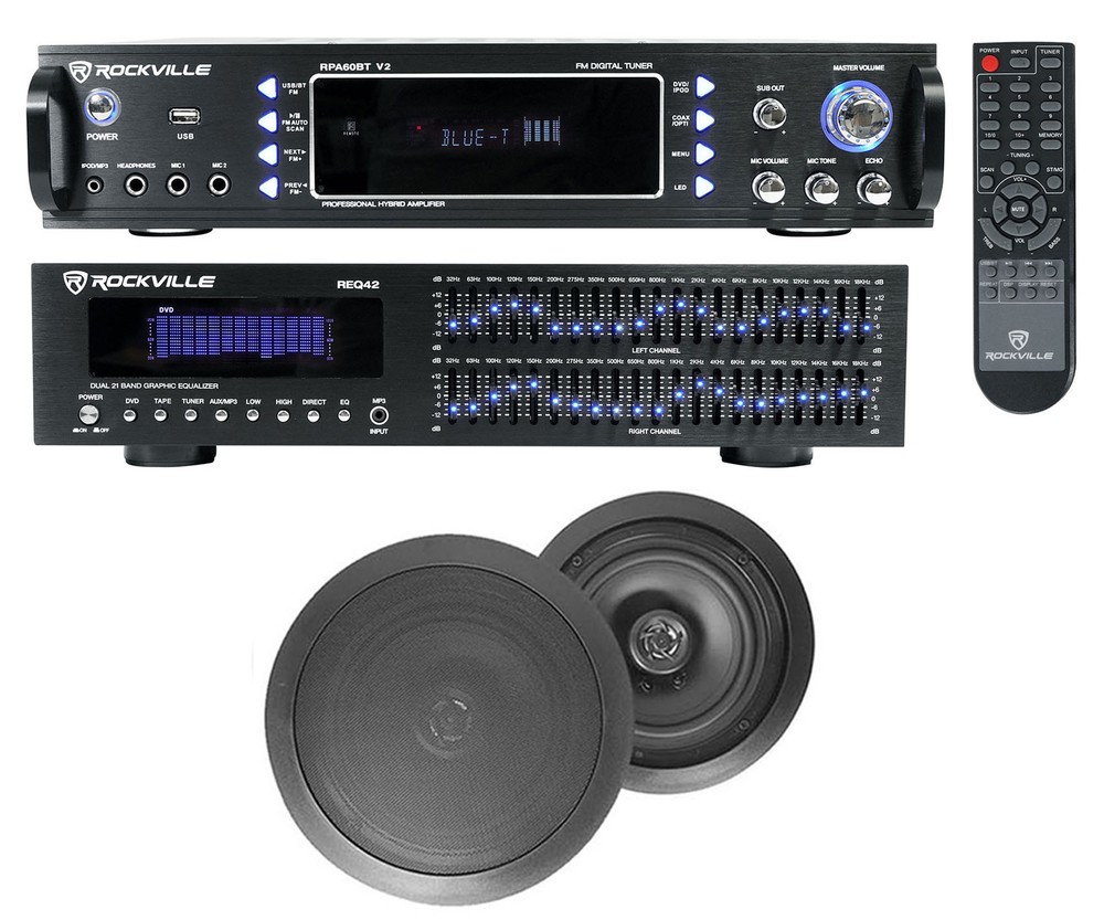 Home Theater Bluetooth Receiver+Equalizer EQ+(2) 8" Black Ceiling Speakers