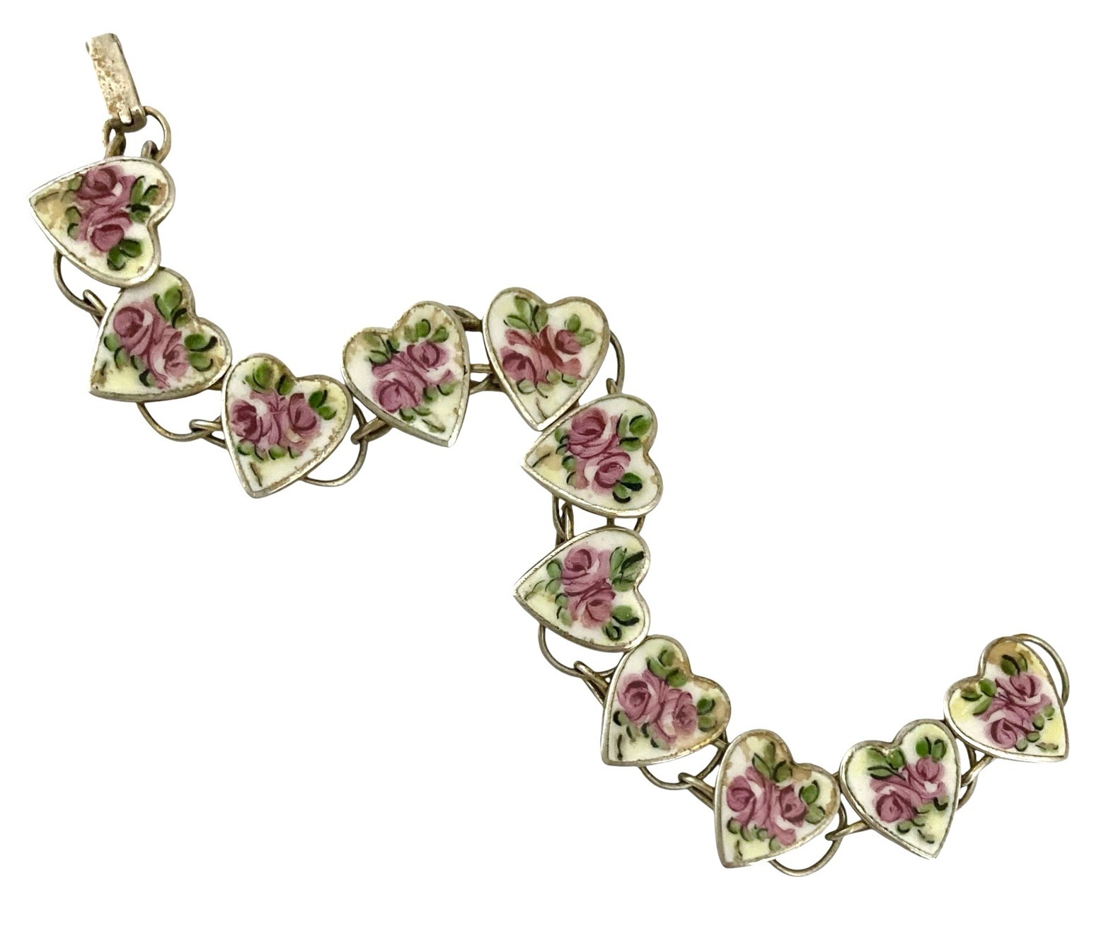 ANTIQUE ART DECO Sterling Gold Vermeil PINK ROSE SWEETHEART Link Bracelet