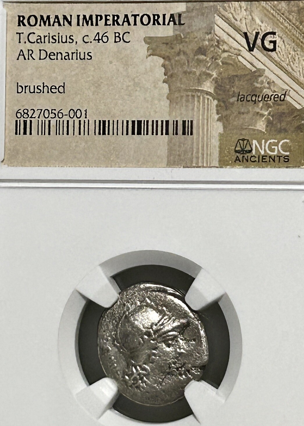 Roman Imperatorial Carisius AR Denarius 46 BC Sceptre Cornucopia Globe NGC VG