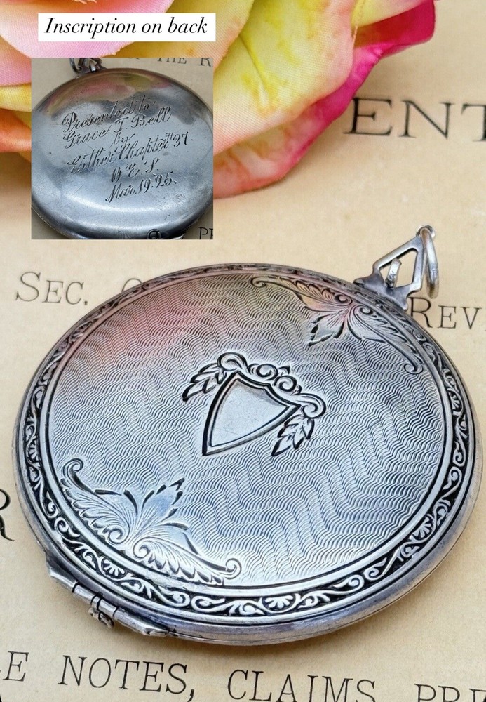 Antique Large Locket Sterling OES Round Engine Turned Shield Inscribed 1925